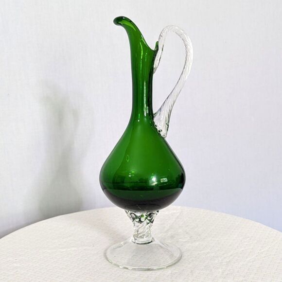 MCM 12” Empoli Rossini ? Hand-Blown Glass Ewer Pitcher in 1960s-1970s Green SEE - Picture 1 of 9